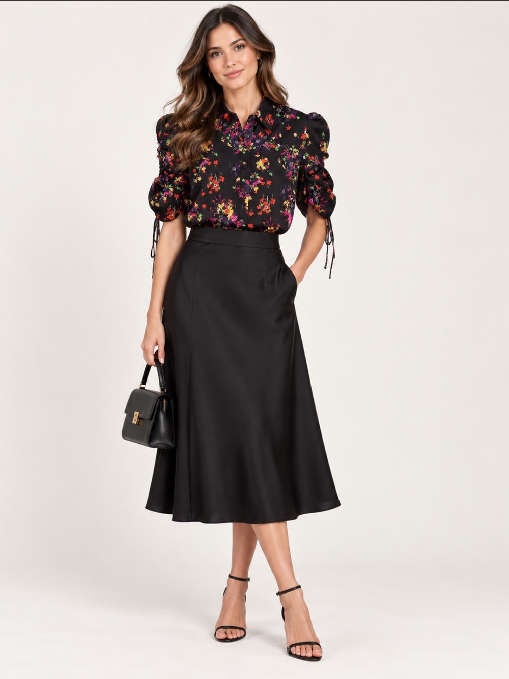 Veronica Beard Carmine Silk Black Floral Blouse Ruched Sleeves Size 00/XS
